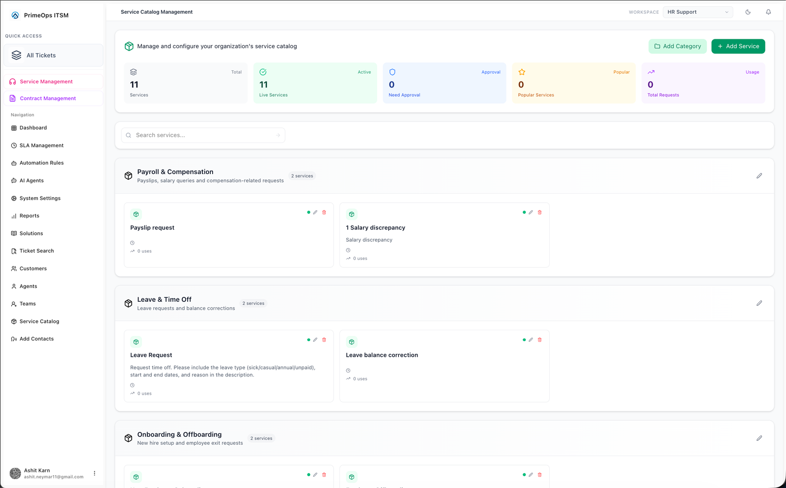 Screenshot of the HR workspace in PrimeOps