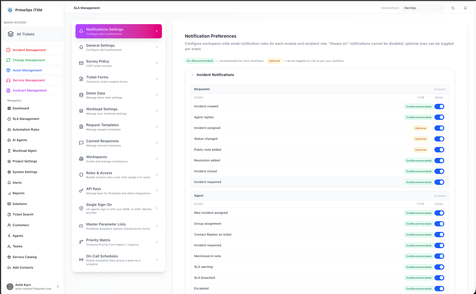 Screenshot of the notification rules configuration in PrimeOps