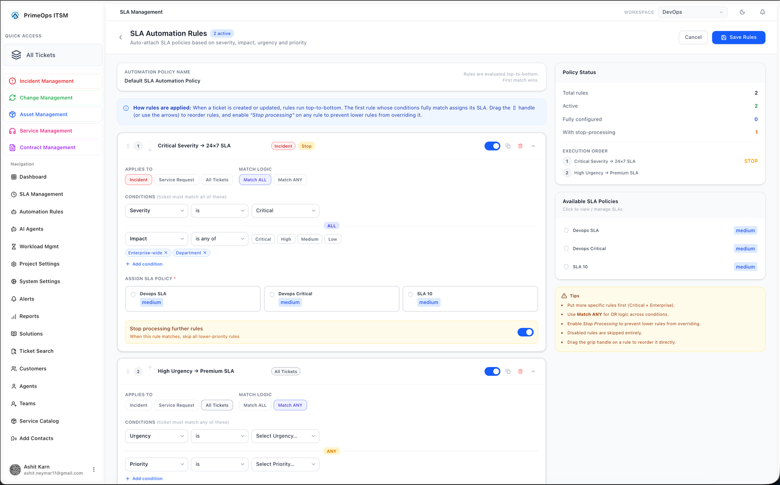 PrimeOps SLA management screen showing overall compliance, active SLA and breach counters above an SLA configuration form with response, resolution and escalation time targets set per priority level